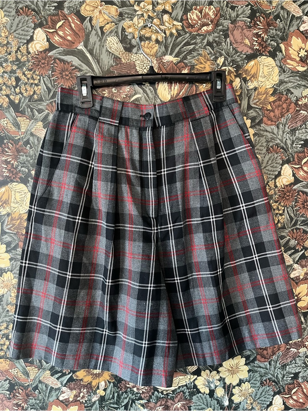 Vintage High-Waist Pleated Shorts in Black, Gray & Red Plaid Preppy Academia